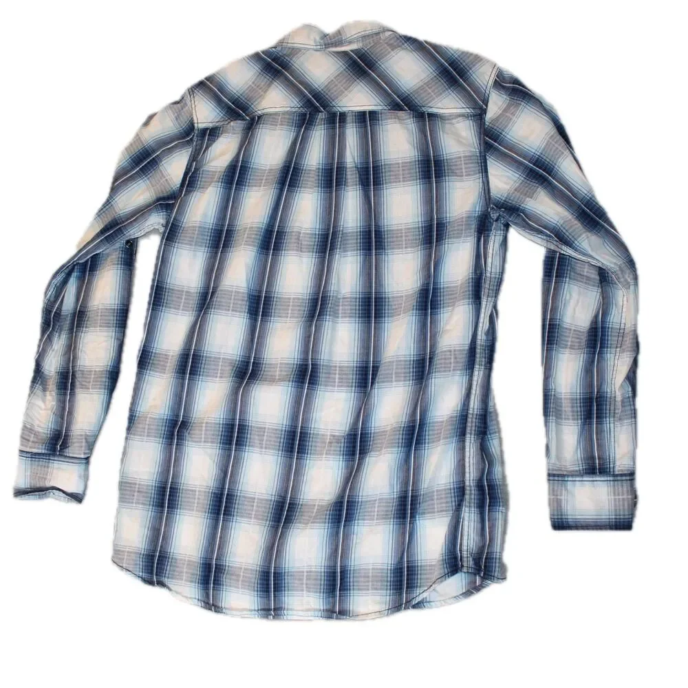 Skully Shirt Mens‎ Medium Blue Plaid Long Sleeve Snap Up Lightweight Western